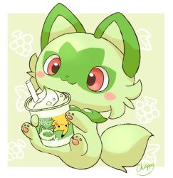  animal_focus closed_mouth creatures_(company) cup drinking_straw food game_freak gen_1_pokemon green_fur highres holding holding_cup ice_cream mimix nintendo no_humans pawpads pikachu pokemon pokemon_(creature) red_eyes signature simple_background sitting sprigatito tail two-tone_fur 