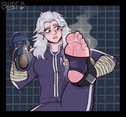  1girl absurdres blarf022 blush dorohedoro foot_focus foot_up highres holding holding_shoes noi_(dorohedoro) red_eyes shoes smell sneakers solo steam stirrup_footwear sweat track_suit white_hair zipper  rating:Sensitive score:15 user:esketitheb