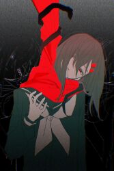  1girl goguma_wagamja greyscale hand_up hanging highres kagerou_project long_hair long_sleeves monochrome neckerchief parted_lips red_eyes red_scarf sailor_collar scarf solo spot_color tateyama_ayano upper_body 
