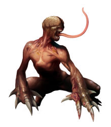 brain capcom claws full_body highres injury licker_(resident_evil) long_tongue monster mutant no_eyes no_humans official_art resident_evil simple_background solo squatting teeth tongue tongue_out rating:Sensitive score:3 user:spiderfan