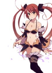  1girl airi_(queen&#039;s_blade) armor bikini_armor black_bow black_thighhighs blue_eyes bow breasts cleavage collar collarbone commentary_request detached_sleeves hair_bow highres long_hair looking_at_viewer medium_breasts navel nifffi queen&#039;s_blade queen&#039;s_blade_limit_break red_hair solo thighhighs twintails very_long_hair 