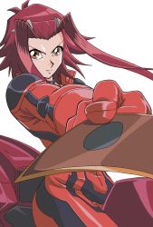  1girl biker_clothes bikesuit bodysuit brown_eyes card cowboy_shot highres izayoi_aki long_hair looking_at_viewer official_art red_bodysuit red_hair simple_background smile solo source_request straddling tagme white_background yu-gi-oh! yu-gi-oh!_5d&#039;s  rating:Sensitive score:14 user:Jpopi