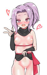 1girl absurdres blush breasts clothes_lift fang female_focus free_chess heart highres kunoichi_tsubaki_no_mune_no_uchi lifting_own_clothes loli looking_at_viewer navel nipples open_mouth ponytail purple_hair red_eyes sazanka_(kunoichi_tsubaki_no_mune_no_uchi) simple_background skirt skirt_lift small_breasts solo tagme upper_body
