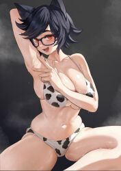  1girl absurdres animal_ears animal_print arm_behind_head arm_up armpits black_hair breasts cat_ears cleavage commission cow_print glasses highres large_breasts looking_at_viewer mute_(mute89539160) navel open_mouth original pixiv_commission presenting_armpit red_eyes short_hair solo spread_armpit spread_legs steam stomach sweat  rating:Explicit score:42 user:danbooru