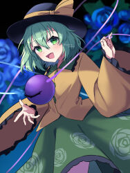 1girl :d absurdres black_hat blue_flower blue_rose blurry blurry_background blush buttons commentary cowboy_shot diamond_button floral_background floral_print flower frilled_shirt_collar frilled_sleeves frills green_eyes green_hair green_skirt hair_between_eyes hands_up happy hat hat_ribbon highres koishi_day komeiji_koishi long_sleeves looking_at_viewer medium_hair open_mouth outstretched_hand pinky_out print_skirt ribbon rose rose_print shirt simple_background skirt smile third_eye tosekura_sumomo touhou twitter_username wide_sleeves yellow_ribbon yellow_shirt