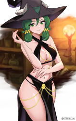  1girl alternate_costume bare_arms black_hat black_panties breasts cleavage_cutout clothing_cutout commentary criss-cross_halter english_commentary fingernails green_eyes green_hair grin hair_between_eyes hair_ornament halterneck hat highleg highres large_breasts long_hair looking_at_viewer meme_attire midriff namu_(112namu) navel panties pelvic_curtain pink_nails smile solo thighs twitter_username underwear unicorn_overlord witch witch_hat yahna_(unicorn_overlord) yomorio_lingerie  rating:Sensitive score:11 user:danbooru