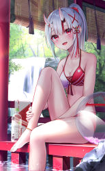  1girl :d anklet ball bare_legs bare_shoulders barefoot between_legs bikini blush bottle breasts cleavage collarbone commentary_request day fang foot_out_of_frame hair_ribbon hand_between_legs high_ponytail highres hololive horns jewelry knee_up long_hair looking_at_viewer midori_matsukaze multicolored_hair nakiri_ayame oni open_mouth ponytail red_bikini red_eyes red_hair red_ribbon ribbon silver_hair sitting skin-covered_horns smile soaking_feet solo stomach streaked_hair swimsuit tassel virtual_youtuber water water_bottle waterfall wet  rating:Sensitive score:35 user:danbooru