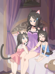  3girls absurdres animal_ears ass barefoot bed black_hair blue_camisole blue_eyes bracelet camisole cat_ears cat_tail child closed_eyes curtains drooling feet hair_ornament hairclip hand_on_another&#039;s_head headpat highres hugging_tail jewelry kneeling leaning_forward long_hair mao_lian_(nekokao) mother_and_daughter multiple_girls no_pants open_mouth original pillow pink_camisole purple_camisole ring short_hair siblings sisters sitting sleeping smile soles stuffed_animal stuffed_toy tail tail_wrap teddy_bear toes wedding_band  rating:Sensitive score:57 user:danbooru