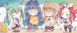 4girls ahoge asashi_kaede bangs_pinned_back bespectacled black_hair black_skirt blue_eyes blue_hair blue_pants blunt_bangs brown_cardigan brown_coat brown_eyes brown_hair brown_hood cardigan ceres_fauna ceres_fauna_(jirai_kei) chibi closed_mouth coat colored_inner_hair colored_tips commentary denim dice earclip frown glasses grey_hair hair_intakes hakos_baelz hakos_baelz_(casual) head_rest highres holocouncil hololive hololive_english jacket jeans low_twintails mario_(series) mario_party multicolored_hair multiple_girls nanashi_mumei nanashi_mumei_(casual) nintendo official_alternate_costume official_alternate_hair_length official_alternate_hairstyle ouro_kronii ouro_kronii_(casual) pants parted_lips pink_jacket red_hair skirt smile streaked_hair super_star_(mario) trench_coat twintails virtual_youtuber warp_pipe watercolor_effect white_hair yellow_eyes