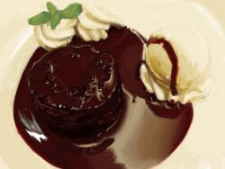  cake chocolate_cake chocolate_syrup food food_focus ice_cream no_humans original pastry plate utu_(ldnsft) 