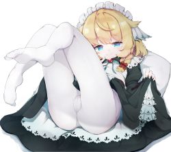 1girl ahoge ass blonde_hair blue_eyes braid clothes_lift commentary dress dress_lift highres lifting_own_clothes looking_at_viewer lying maid maid_headdress no_shoes on_back original pantyhose smile solo teranekosu white_pantyhose  rating:Sensitive score:69 user:danbooru