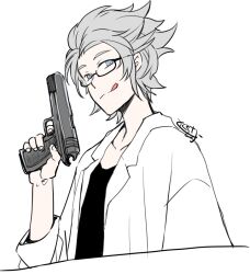  1boy black_jacket blue_eyes commentary_request flat_color glasses grey_hair gun handgun holding holding_gun holding_weapon jacket kanou_aogu lab_coat long_sleeves male_focus open_clothes saibou_shinkyoku semi-rimless_eyewear short_hair signature simple_background smile solo tokusa_riko tongue tongue_out upper_body weapon white_background 