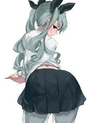10s 1girl anchovy_(girls_und_panzer) anzio_school_uniform ass back bent_over black_ribbon black_skirt closed_mouth commentary cowboy_shot dress_shirt drill_hair from_behind geregere_(lantern) girls_und_panzer green_hair hair_ribbon light_frown long_hair long_sleeves looking_at_viewer looking_back miniskirt pantyhose pleated_skirt red_eyes ribbon school_uniform shirt simple_background skirt solo standing twin_drills twintails white_background white_pantyhose white_shirt rating:Sensitive score:35 user:danbooru