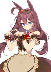  1girl ahoge animal_ears apron arm_garter ascot bare_shoulders blue_eyes breasts brooch brown_dress brown_hair dress hair_between_eyes hairband hands_up heart heart_hands highres horse_ears horse_girl horse_tail jewelry long_hair mihono_bourbon_(code:glassage)_(umamusume) mihono_bourbon_(umamusume) parted parted_lips red_ascot salt_(salty) simple_background sleeveless sleeveless_dress small_breasts solo tail umamusume waist_apron white_background wrist_cuffs 