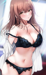  1girl absurdres backlighting bare_shoulders black_bra black_panties blurry blurry_background blush bow bow_bra bow_panties bra breasts brown_hair cleavage clothes_pull collarbone commentary_request hair_between_eyes highres lace lace-trimmed_bra lace-trimmed_panties lace_trim large_breasts lingerie long_hair looking_at_viewer minamihama_yoriko mole mole_under_eye navel original panties parted_lips shirt shirt_pull solo standing stomach underwear white_shirt yellow_eyes 