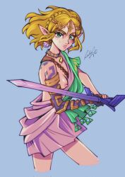  1girl blonde_hair blue_background braid breasts commentary cosplay crown_braid earrings english_commentary facial_mark flower_earrings green_eyes hair_between_eyes highres holding holding_sword holding_weapon jewelry link link_(cosplay) master_sword nintendo nipples one_breast_out parted_lips pointy_ears princess_zelda prosthesis prosthetic_arm rinkuu_art short_hair signature small_breasts solo sword the_legend_of_zelda the_legend_of_zelda:_tears_of_the_kingdom weapon  rating:Questionable score:19 user:danbooru