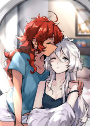  2girls black_camisole blue_shirt camisole closed_eyes commentary_request dark-skinned_female dark_skin grey_eyes gundam gundam_suisei_no_majo hand_on_another&#039;s_shoulder hickey highres indoors kiss kissing_forehead long_hair looking_at_another miorine_rembran mitsu_(tendou_itsuki) morning multiple_girls one_side_up red_hair shirt short_sleeves shorts strap_slip suletta_mercury thick_eyebrows white_hair white_shorts yuri 
