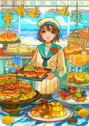  1girl absurdres baguette bakery beach beret blue_sailor_collar blueberry bread brown_eyes brown_hair brown_hat brown_serafuku brown_shirt brown_skirt buchi_(qooo003) building commentary_request food food_request fruit hat highres holding kiwi_(fruit) looking_at_viewer ocean original parted_lips pleated_skirt raspberry sailor_collar sandwich school_uniform serafuku shirt shop skirt smile solo tower water waves 