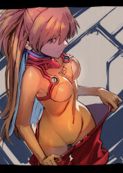  1girl blue_eyes bodysuit breasts cameltoe commentary curvy evangelion:_2.0_you_can_(not)_advance highres long_hair medium_breasts neon_genesis_evangelion orange_bodysuit orange_hair plugsuit rebuild_of_evangelion red_bodysuit see-through see-through_body shiny_clothes simple_background skin_tight solo souryuu_asuka_langley test_plugsuit two_side_up undressing wide_hips yagisawa_teru 