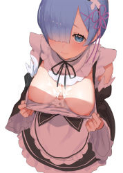  1girl after_paizuri apron azuse_neko bad_id bad_twitter_id blunt_bangs blush breasts clothes_pull cum cum_on_body cum_on_breasts cum_on_clothes cum_on_upper_body downblouse dress_pull female_focus furrowed_brow hair_ornament hair_over_one_eye hairband large_breasts looking_at_viewer maid maid_apron nervous_smile nipples no_bra pulled_by_self re:zero_kara_hajimeru_isekai_seikatsu rem_(re:zero) simple_background smile solo upper_body white_background  rating:Explicit score:443 user:danbooru