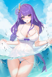 1girl :p absurdres blue_sky braid braided_ponytail choker clothes_lift cloud cowboy_shot day dress dress_lift flower genshin_impact hair_flower hair_ornament highres lifting_own_clothes long_hair ningri_(lianyungangwyz) outdoors panties purple_eyes purple_flower purple_hair raiden_shogun side-tie_panties sky solo thigh_gap tongue tongue_out underwear untied_panties very_long_hair wading water wet white_choker white_dress white_panties 