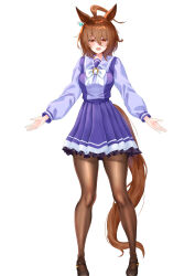  1girl absurdres agnes_tachyon_(umamusume) ahoge animal_ears black_pantyhose bow brown_footwear brown_hair commentary_request earrings full_body hair_between_eyes highres horse_ears horse_girl horse_tail jewelry loafers long_sleeves looking_at_viewer manu_lee messy_hair pantyhose pleated_skirt purple_shirt purple_skirt red_eyes sailor_collar school_uniform shirt shoes short_hair simple_background single_earring skirt smile solo standing tail tracen_school_uniform umamusume white_background white_bow winter_uniform 