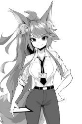  1girl aliasing animal_ear_fluff animal_ears belt breasts collared_shirt commission commissioner_insert cowboy_shot fox_ears fox_tail greyscale hand_on_own_hip high_ponytail highres id_card lanyard long_hair looking_at_viewer loose_necktie medium_breasts monochrome necktie norman_maggot occi office_lady original pants shirt simple_background sleeves_rolled_up smile standing tail very_long_hair white_background 