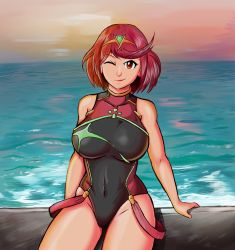  1girl absurdres artist_request beach breasts competition_swimsuit highres large_breasts nintendo one-piece_swimsuit one_eye_closed orange_eyes outdoors pyra_(pro_swimmer)_(xenoblade) pyra_(xenoblade) red_hair self-upload solo source_request sunset swimsuit thick_thighs thigh_gap thighs xenoblade_chronicles_(series) xenoblade_chronicles_2  rating:Sensitive score:2 user:greenspiret