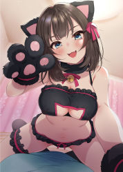1boy 1girl :3 :d absurdres animal_ears animal_hands backlighting bell black_bra black_panties blue_eyes blush bra breasts bridal_garter brown_hair cat_cutout cat_ears cleavage cleavage_cutout clothing_cutout fang girl_on_top gloves head_tilt highres indoors jingle_bell large_breasts long_hair meme_attire navel non-web_source open_mouth original panties paw_gloves paw_pose pov skin_fang smile solo_focus stomach straddling thighs tsukana_(saba_mizore) underwear underwear_only rating:Sensitive score:38 user:danbooru