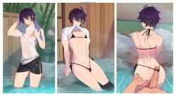  2boys anus ass ass_grab bikini black_bikini black_hair blue_eyes blush erection from_behind highres imminent_anal imminent_penetration looking_at_viewer male_focus matemi multiple_boys onsen partially_submerged penis short_hair swimsuit trap veins veiny_penis water wet  rating:Explicit score:90 user:FabricioDias