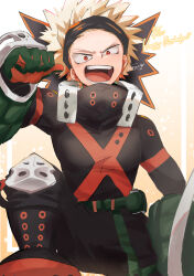  1boy :o asayama_nano bakugou_katsuki belt black_headband blonde_hair boku_no_hero_academia clenched_hand dated gloves gradient_background happy_birthday headband highres knee_up looking_at_viewer male_focus pointing pointing_at_self pointing_with_thumb red_eyes solo spiked_hair standing 