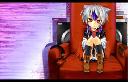 1girl bad_id bad_pixiv_id belt bird_wings blue_hair book chair collarbone couch cross-laced_footwear female_focus head_wings headphones highres horns long_sleeves looking_at_viewer mantarou_(shiawase_no_aoi_tori) multicolored_hair panties red_eyes red_upholstery short_hair siawasenoaoitori silver_hair sitting smile solo speaker striped_clothes striped_panties tokiko_(touhou) touhou two-tone_hair underwear wings