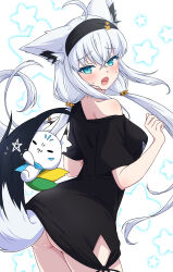  1girl ahoge animal_ear_fluff animal_ear_piercing animal_ears aqua_eyes ass black_hairband black_shirt blush commentary_request crossed_bangs flower fox_ears fox_girl fox_tail hachiman_tanuki hair_between_eyes hair_flower hair_ornament hairband hands_up highres hip_vent hololive long_hair looking_back loungewear low_twintails no_panties no_pants official_alternate_costume official_alternate_hairstyle open_mouth pentagram shirakami_fubuki shirakami_fubuki_(loungewear) shirt side-tie_shirt sidelocks single_off_shoulder solo star_(symbol) starry_background sukonbu_(shirakami_fubuki) t-shirt tail twintails virtual_youtuber white_background white_hair 