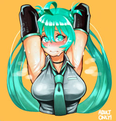 1girl adultonly ahoge aqua_eyes aqua_hair armpits arms_behind_head arms_up artist_name bad_id bad_pixiv_id blush choker collared_shirt detached_sleeves green_eyes green_hair hair_between_eyes hatsune_miku long_hair looking_at_viewer matching_hair/eyes necktie orange_background shirt sleeveless sleeveless_shirt smell solo steam sweat twintails upper_body very_long_hair vocaloid wavy_mouth rating:Questionable score:39 user:sakuri