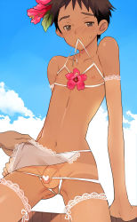  1boy beach bikini blush bow breastless_clothes brown_hair censored coin_rand crossdressing crotchless dark_skin elbow_gloves flaccid flower foreskin gloves lace lace-trimmed_legwear lace_trim loincloth male_focus mouth_hold nippleless_clothes nipples outdoors penis ribbon short_hair shorts_tan shota sky solo_focus sweatdrop swimsuit tan tanline testicles thighhighs  rating:Explicit score:101 user:FLaSh1k