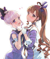  2girls ahoge armband bare_arms bare_shoulders beads belt black_belt black_collar black_shirt blunt_bangs blush bow brooch brown_hair center_frills character_request clothing_cutout collar collared_dress collared_vest commentary_request copyright_request cowboy_shot dress eyelashes fingernails flower frills gloves green_eyes hair_beads hair_bow hair_bun hair_flower hair_ornament halter_dress halterneck hand_on_another&#039;s_cheek hand_on_another&#039;s_face heart heart_brooch heart_hair_ornament heart_in_eye high_collar highres holding_hands idol jewelry long_hair long_sleeves multiple_girls open_mouth parted_lips purple_bow purple_dress purple_eyes purple_hair purple_skirt purple_sleeves purple_vest shirt shoulder_cutout side_ponytail simple_background single_hair_bun skirt skirt_set sleeveless sleeveless_shirt sleeves_past_elbows smile symbol_in_eye two-tone_bow usamata very_long_hair vest wavy_hair white_armband white_background white_collar white_flower white_gloves yuri 