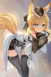  1girl :3 absurdres animal_ear_fluff animal_ears arknights bad_anatomy bent_over black_hat blonde_hair blue_eyes blush breasts commentary hand_on_own_cheek hand_on_own_face haru_torimaru hat highres horse_ears horse_girl horse_tail large_breasts long_hair long_sleeves looking_at_viewer simple_background smile solo tail whislash_(arknights)  rating:General score:6 user:danbooru