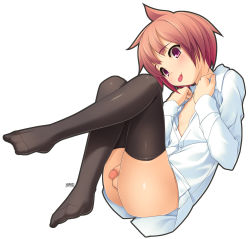  1boy absurdres black_thighhighs bulge feet highres male_focus nakada no_shoes penis purple_eyes red_hair shirt shota solo sweat thighhighs trap uncensored  rating:Explicit score:51 user:Oveneise