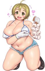  1girl ahoge bikini black_footwear blonde_hair blue_bikini blush boots breast_lift breasts cleavage clenched_hand collarbone commentary_request covered_erect_nipples food full_body garlic gloves green_eyes hair_between_eyes head_tilt heart highres holding holding_food holding_rope holding_vegetable kneeling large_breasts looking_at_viewer medium_hair nakazawa_minori navel no-rin open_mouth orizen plump rope short_shorts shorts simple_background smile solo string_bikini swimsuit tareme thick_eyebrows thick_thighs thighs unzipped vegetable white_background white_bikini white_gloves 