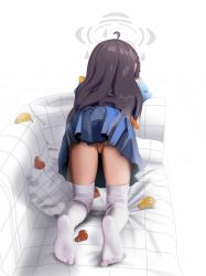  1girl absurdres ahoge ass blue_archive cleft_of_venus facing_viewer female_focus from_behind full_body highres kneeling leaves_on_hair loli long_hair miyu_(blue_archive) no_panties pussy school_uniform solo sweetonedollar thighhighs thighs  rating:Explicit score:481 user:farfie