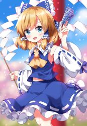  1girl :d alice_margatroid alternate_color ascot bare_shoulders blonde_hair blue_eyes blue_skirt blurry blurry_background blush bow commentary_request cosplay detached_sleeves frilled_bow frilled_skirt frills gohei hair_bow hakurei_reimu happy highres holding_ofuda long_sleeves midriff_peek official_alternate_color open_mouth outdoors player_2 ruu_(tksymkw) shirt skirt sleeveless sleeveless_shirt smile solo torii touhou white_sleeves wide_sleeves yellow_ascot 