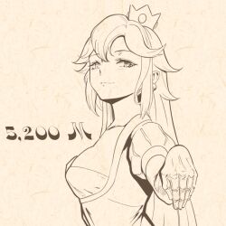  1girl anonymer_benutzer breasts chinese_commentary closed_mouth commentary crown earrings from_side greyscale_with_colored_background jewelry lineart long_hair looking_at_viewer looking_to_the_side low_neckline mario_(series) medium_breasts mini_crown nintendo princess_peach puffy_short_sleeves puffy_sleeves short_sleeves sidelocks solo sphere_earrings upper_body 