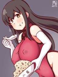  1girl akagi_(kancolle) alternate_costume artist_logo bowl breasts brown_eyes brown_hair china_dress chinese_clothes covered_erect_nipples cowboy_shot dress eating elbow_gloves food fried_rice gloves grey_background holding holding_spoon kanon_(kurogane_knights) kantai_collection large_breasts long_hair looking_at_viewer no_panties one-hour_drawing_challenge red_dress rice smile solo spoon white_gloves 