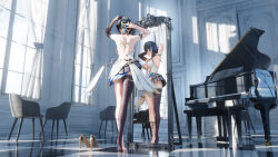  1girl absurdres armband asymmetrical_gloves backless_dress backless_outfit bare_shoulders black_armband black_hair breasts chair curtains dress gloves grand_piano hair_bun highres instrument katya_(snowbreak) large_breasts mirror mr_ito piano piano_bench plunging_neckline reflection single_thighhigh snowbreak:_containment_zone solo thighhighs tile_floor tiles tying_hair white_dress window 