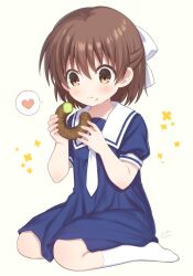  1girl :t blue_dress blush bow brown_eyes brown_hair clannad closed_mouth commentary_request doughnut dress eating food food_on_face full_body hair_between_eyes hair_bow heart highres holding holding_food kneehighs nakamura_hinato necktie no_shoes okazaki_ushio puffy_short_sleeves puffy_sleeves school_uniform short_sleeves simple_background sitting socks solo spoken_heart wariza wavy_mouth white_background white_bow white_necktie white_socks 