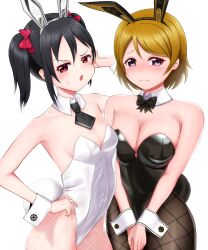  2girls angry animal_ears black_hair blanc_(nikke) blanc_(nikke)_(cosplay) blush bow bowtie breasts brown_hair cleavage cosplay detached_collar embarrassed fake_animal_ears fake_tail fishnet_pantyhose fishnets goddess_of_victory:_nikke hair_bow hand_on_own_hip highres koizumi_hanayo kubo_yurika large_breasts leotard looking_at_viewer love_live! love_live!_school_idol_project medium_hair multiple_girls necktie noir_(nikke) noir_(nikke)_(cosplay) open_mouth pantyhose pink_eyes playboy_bunny rabbit_ears rabbit_tail red_bow red_eyes rice_natto short_hair shy small_breasts sweatdrop tail tearing_up tokui_sora twintails voice_actor_connection white_background wrist_cuffs yazawa_nico 