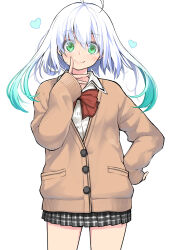  1girl ahoge alternate_costume aqua_hair black_shirt bow bowtie brown_cardigan cardigan closed_mouth commentary_request flower_knight_girl gradient_hair green_eyes hand_on_own_hip highres kintarou_(kintarou&#039;s_room) looking_at_viewer miniskirt multicolored_hair pleated_skirt red_bow red_bowtie school_uniform shirt short_hair_with_long_locks skirt smile solo uniform viburnum_(flower_knight_girl) white_hair white_shirt 
