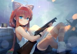  1girl :&lt; ahoge animal_ear_fluff animal_ears bare_shoulders battlefield_(series) battlefield_1 bike_shorts blue_eyes blush cat_ears closed_mouth gun hair_bobbles hair_ornament hinata_channel holding holding_gun holding_weapon long_hair looking_at_viewer looking_to_the_side loose_clothes nekomiya_hinata pink_hair pump_action rain rifle shoes shotgun sitting solo striped_clothes striped_thighhighs thighhighs treeware very_long_hair virtual_youtuber weapon white_thighhighs winchester_model_1897 wristband  rating:Sensitive score:14 user:danbooru