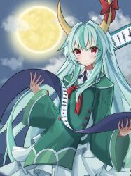  1girl absurdres adapted_costume baruka=gacha bow closed_mouth cloud cloudy_sky commentary_request dress ex-keine full_moon green_dress green_hair highres horn_bow horn_ornament horns kamishirasawa_keine light_blush long_hair long_sleeves looking_at_viewer moon night night_sky red_bow red_eyes scroll sky solo star_(sky) touhou touhou_gensou_eclipse very_long_hair wide_sleeves 