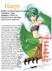 1girl ahoge armpits blush character_profile feathered_wings flat_chest green_eyes green_hair hair_between_eyes hard-translated harpy monster_girl okayado solo third-party_edit translated winged_arms wings rating:Questionable score:42 user:danbooru